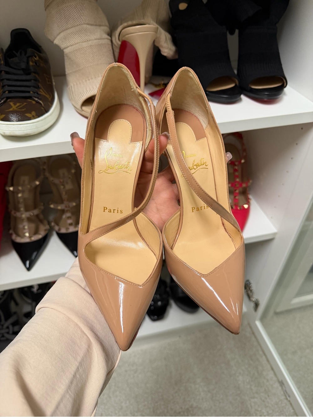 Christian Louboutin Nude Patent Leather Crisscross Pointed-Toe Pumps - Picture 1 of 6